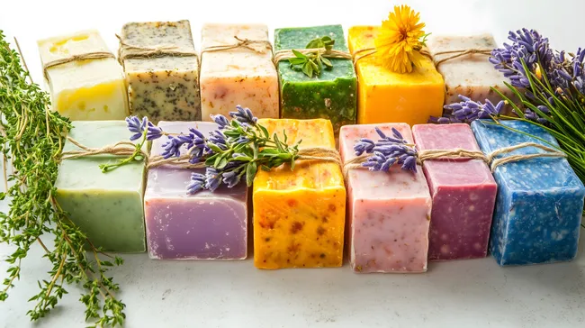 Handgefertigte Seifenstücke mit Kräutern und Blumen