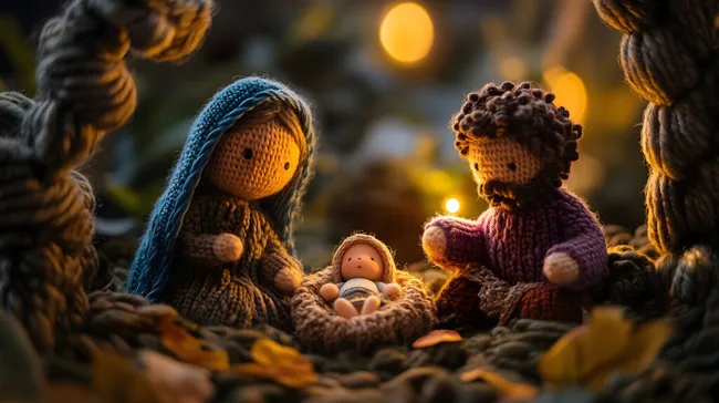 Handgefertigte Weihnachtskrippe mit Figuren und Kerzenlicht