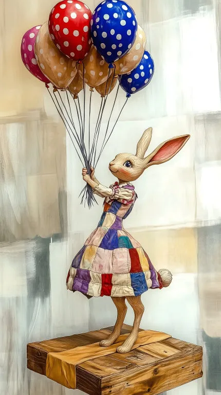 Handgefertigter Hasenteppich mit bunten Punktballons