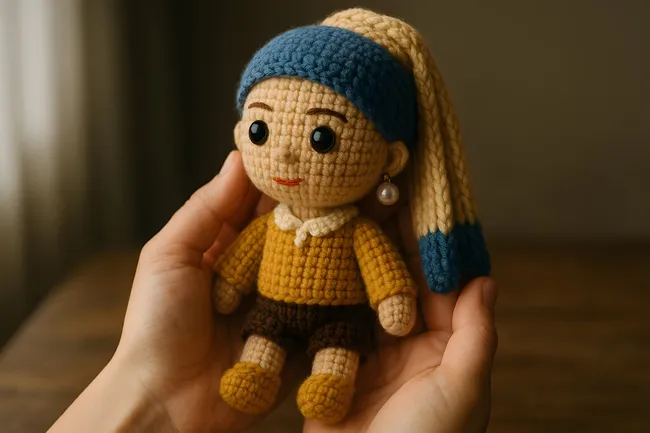 Handgehäkelte Puppe im Vintage-Stil mit Perlenohringen