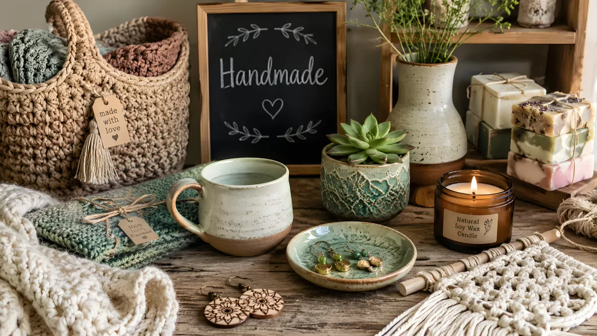Handgemachte Produkte auf rustikalem Holztisch