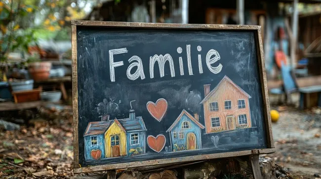 Handgemalte Familienszene auf Kreidetafel