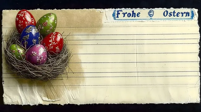 Handgemalte Ostereier in einem Nest auf Vintage-Papier