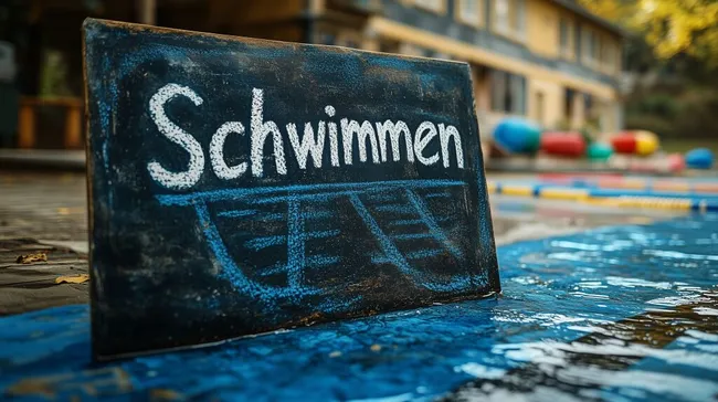 Handgemalter Schriftzug 'Schwimmen' am Poolrand