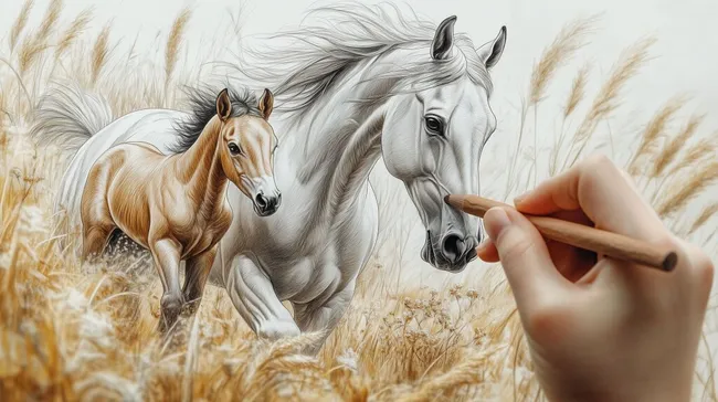 Handgemaltes realistisches Pferdeportrait in Weizenfeld