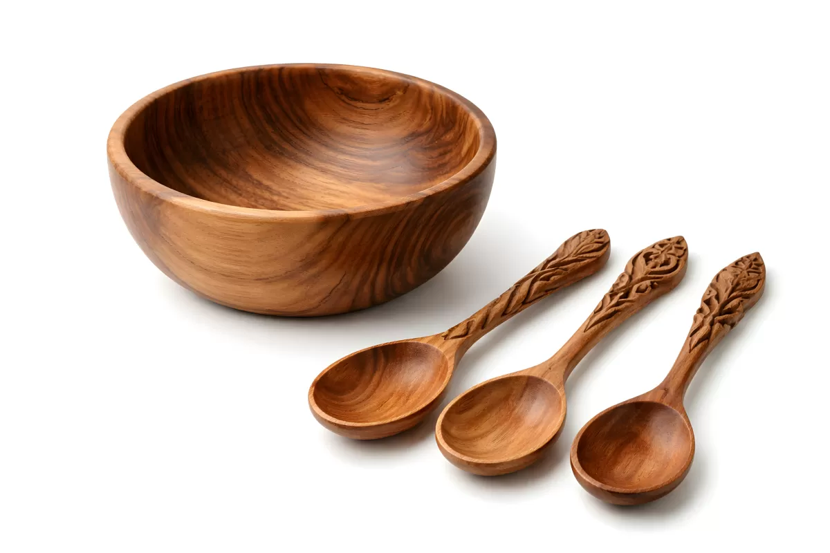Handgeschnitzte Holzschüssel mit drei Löffeln aus Teakholz