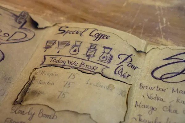 Handgeschriebene Getränkekarte mit Zeichnungen und Preisen im Vintage-Style auf einem Holztisch in einem Cafe Nahaufnahme