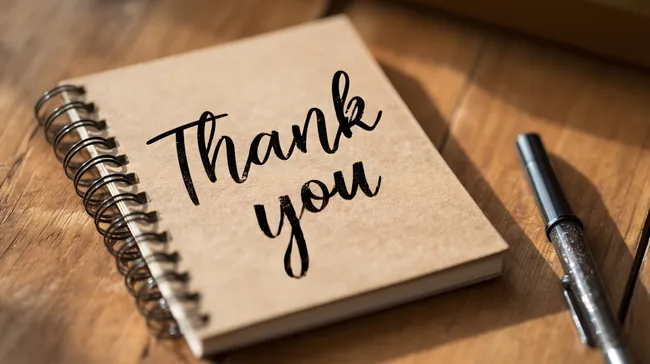 Handgeschriebener Dankesgruß auf rustikalem Notizbuch