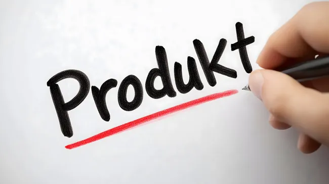 Handgeschriebener Produkttitel auf weißem Hintergrund