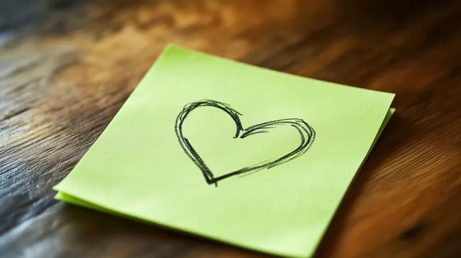 Handgezeichnetes Herzsymbol auf grünem Haftnotiz-Zettel