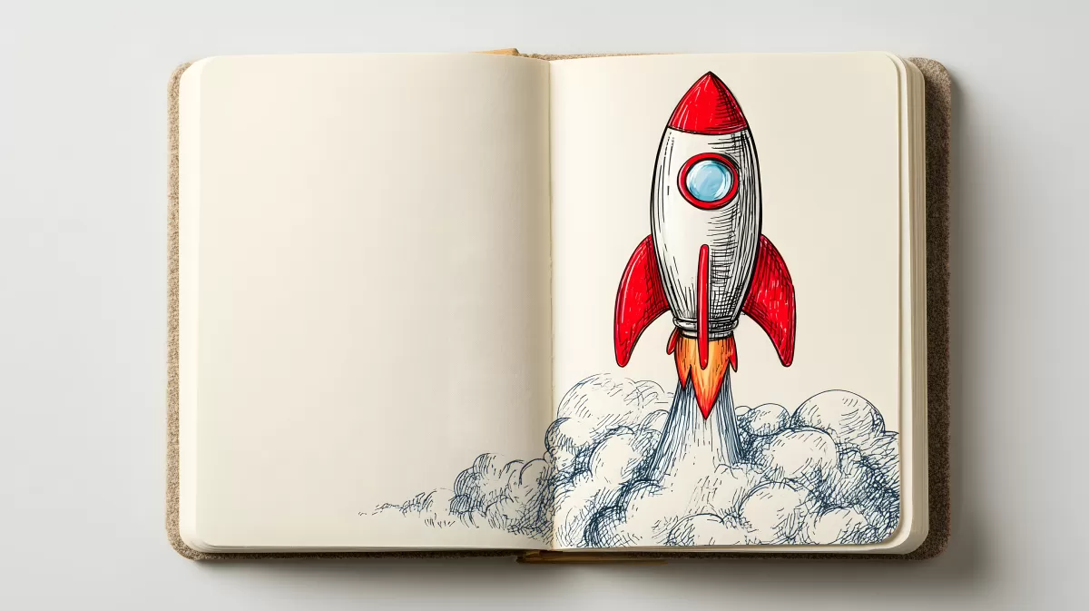 Handgezeichnetes Raketen-Startup-Konzept in Notizbuch