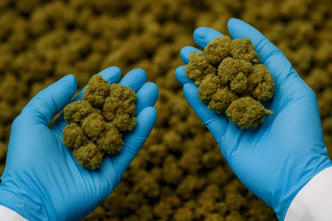 Handhaltene Cannabisblüten auf strukturiertem Hintergrund