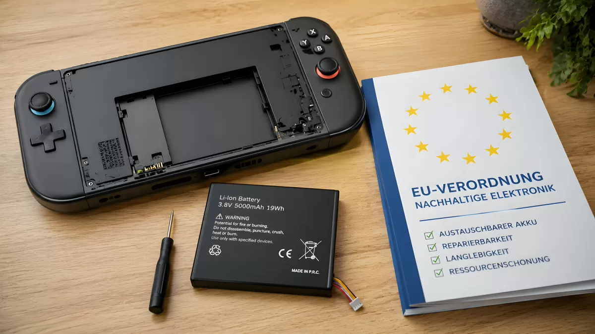 Handheld-Konsole mit Akku und EU-Reparierbarkeitsverordnung