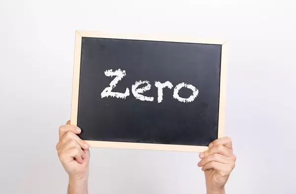 Hands holding blackboard with text Zero