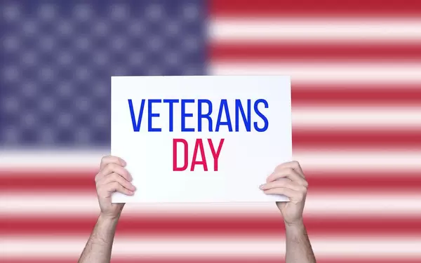 Hands holding board with Veterans Day text with USA flag background