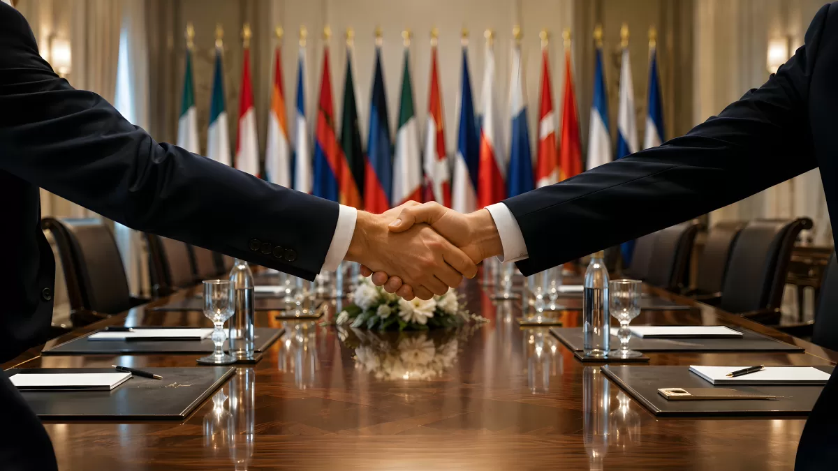 Handschlag zweier Diplomaten bei internationaler Konferenz