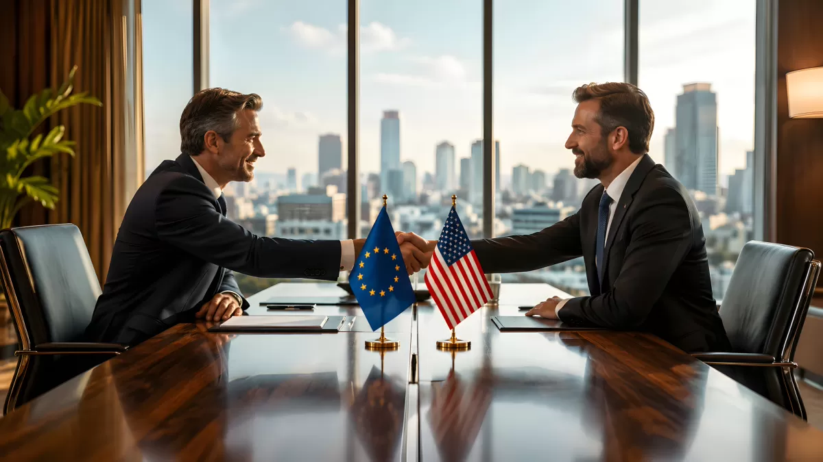 Handschlag zwischen EU- und US-Vertretern am Konferenztisch