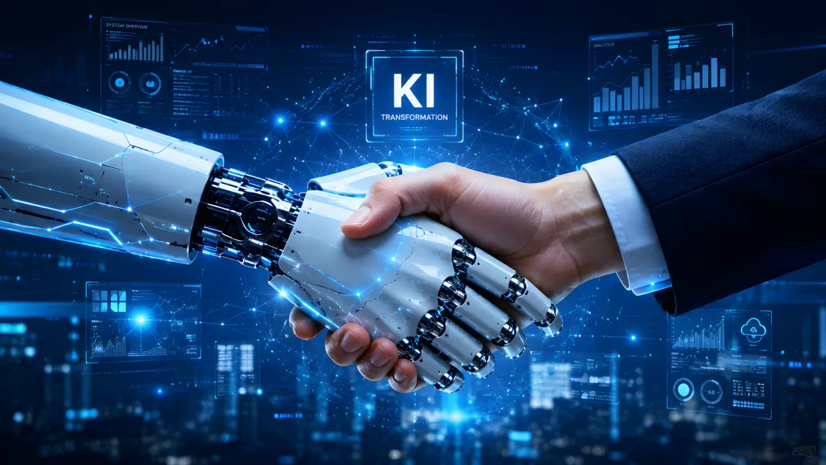 Handschlag zwischen Mensch und Roboter – KI-Transformation