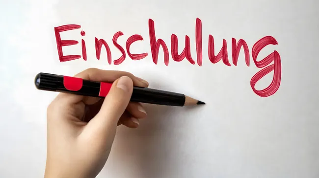 Handschrift mit rotem Stift auf weißer Tafel: 'Einschulung'