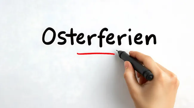 Handschriftlicher Osterferien-Schriftzug auf weißem Hintergrund