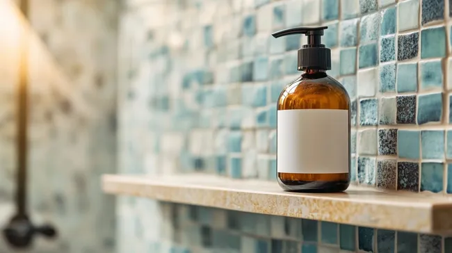 Handseife in Glasflasche auf Wandregal