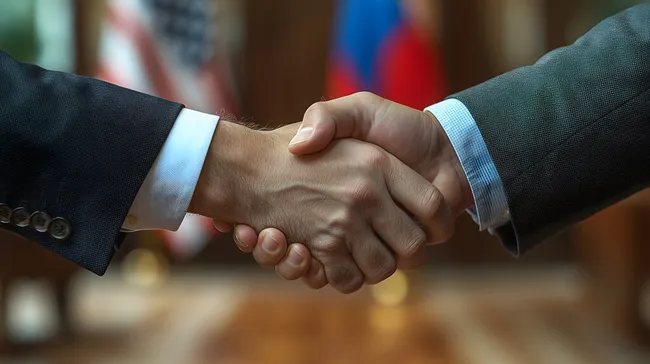 Handshake zwischen Geschäftspartnern vor Nationalflaggen