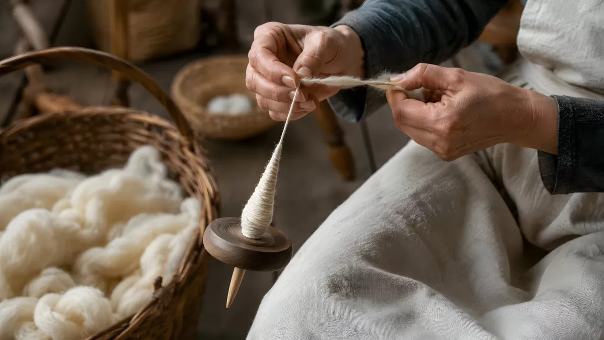 Handspinnen mit Spindel und Rohwolle im Atelier