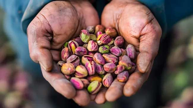 Handvoll frischer, bunter Pistazien