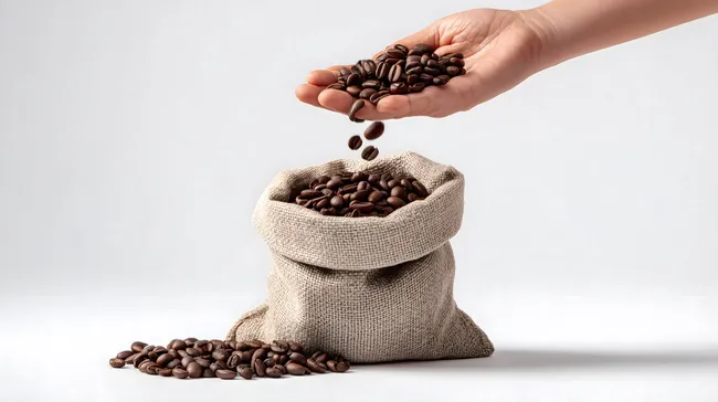 Handvoll gerösteter Kaffeebohnen in Jutebeutel