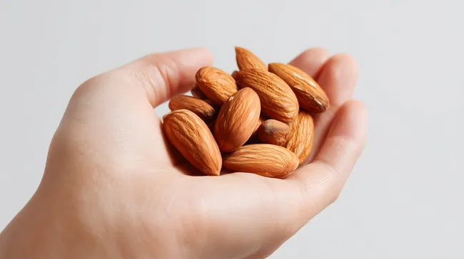 Handvoll gesunder Mandeln auf weißem Hintergrund