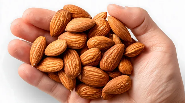 Handvoll leckerer, frischer Mandeln auf weißem Hintergrund