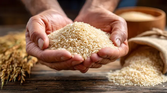 Handvoll Reis-Körner auf rustikalem Holz-Tisch