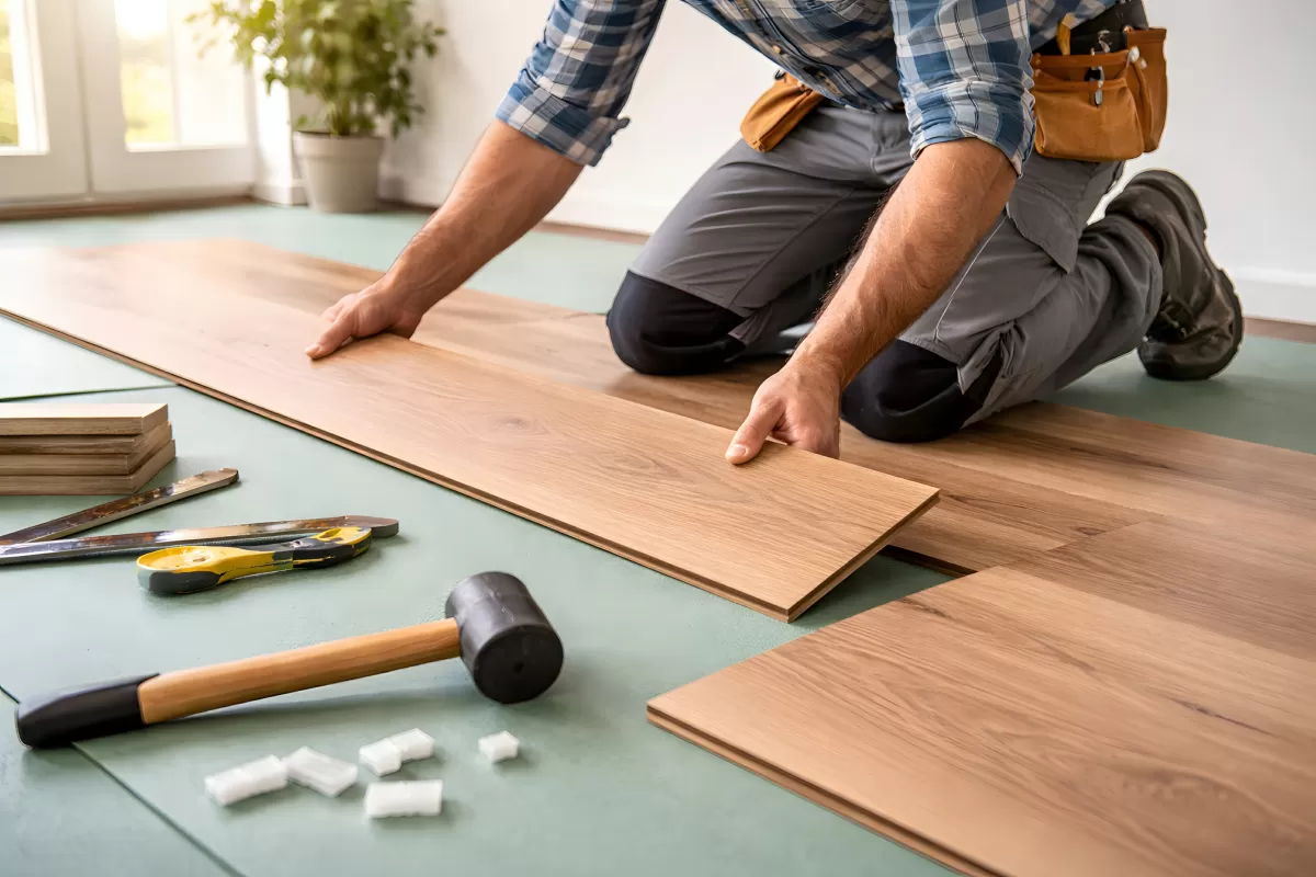 Handwerker beim Verlegen von Holzbodenplatten