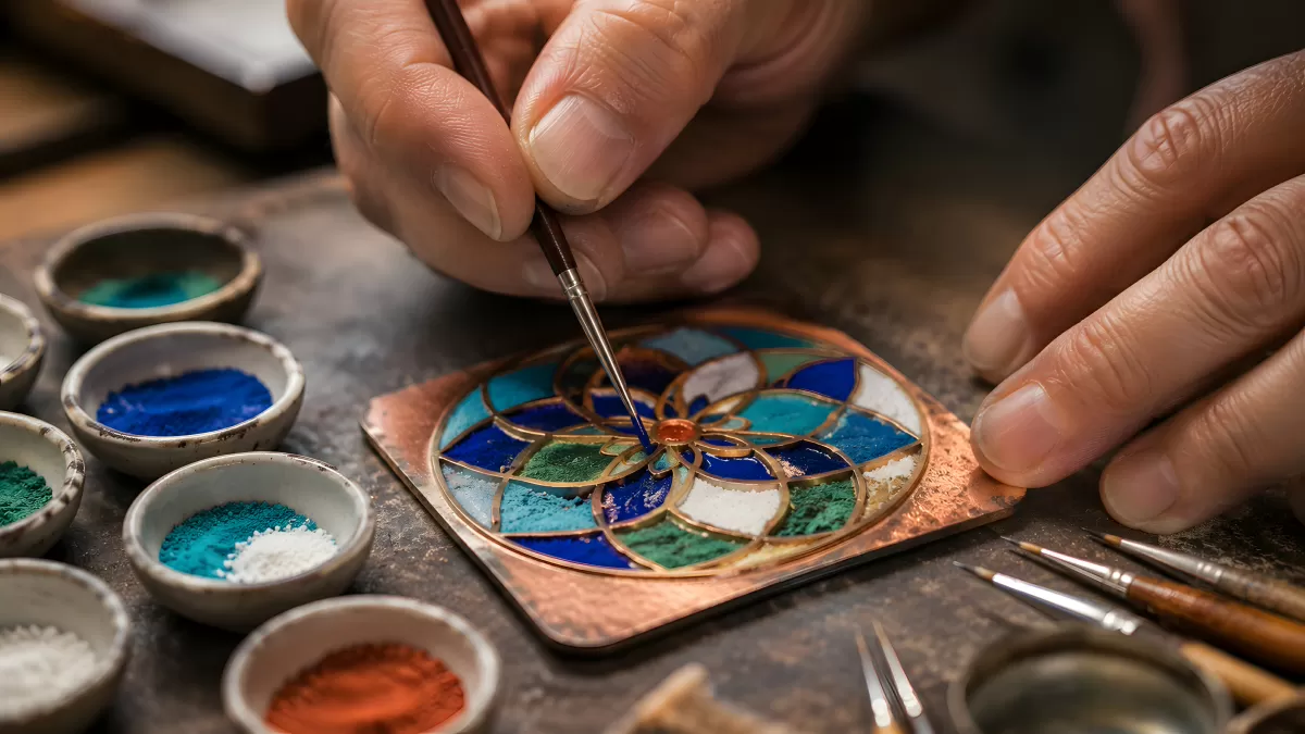Handwerker bemalt Cloisonné-Emailplatte mit Pinsel