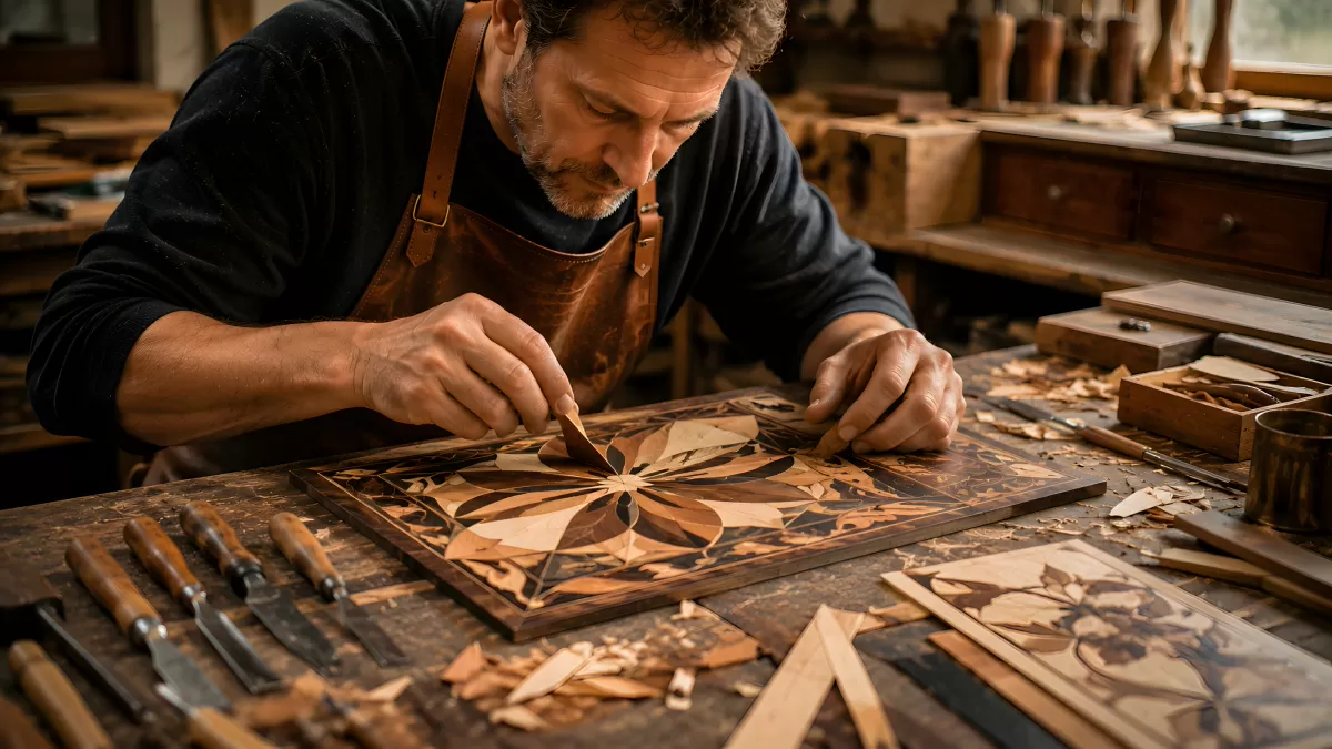 Handwerker fertigt kunstvolles Holzintarsien-Muster