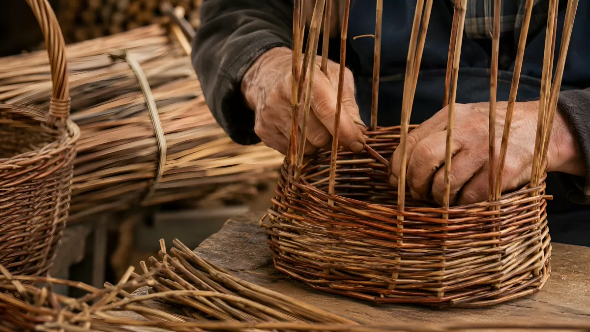 Handwerker flicht traditionellen Weidenkorb aus Ruten