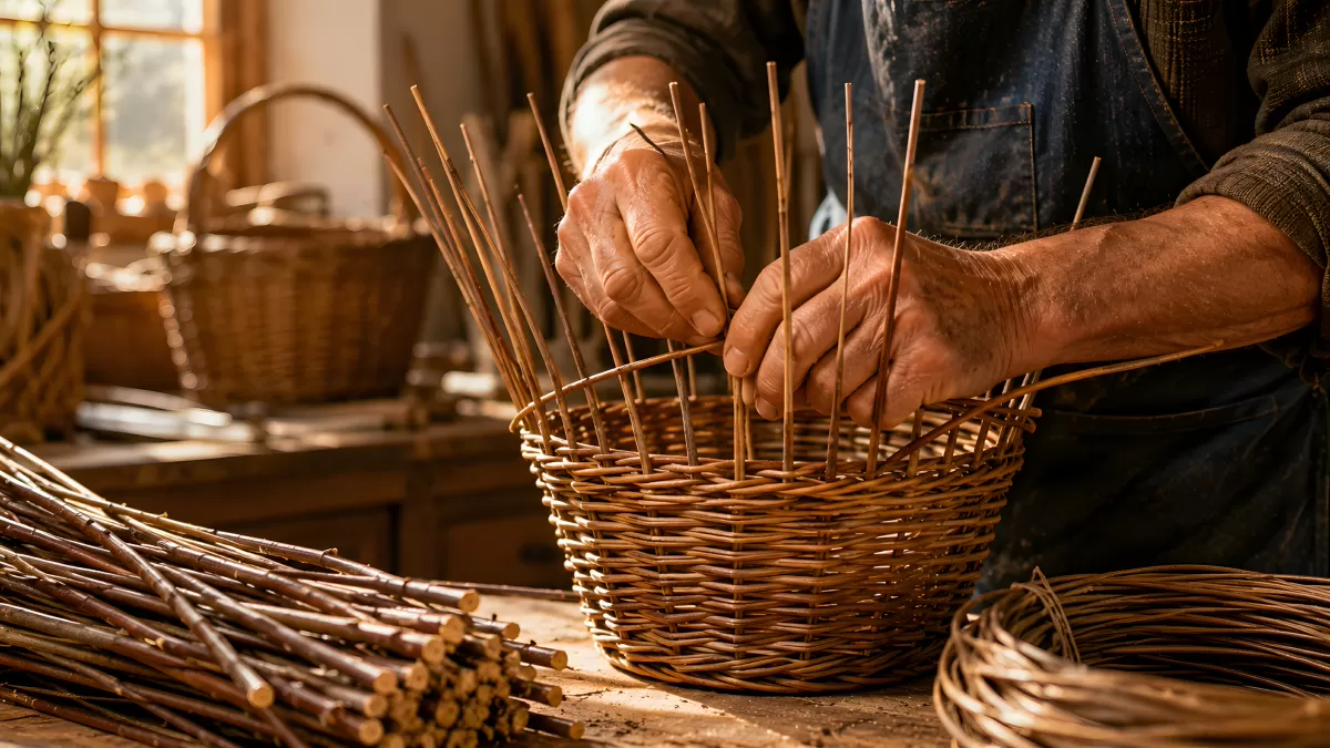 Handwerker flicht traditionellen Weidenkorb in Werkstatt