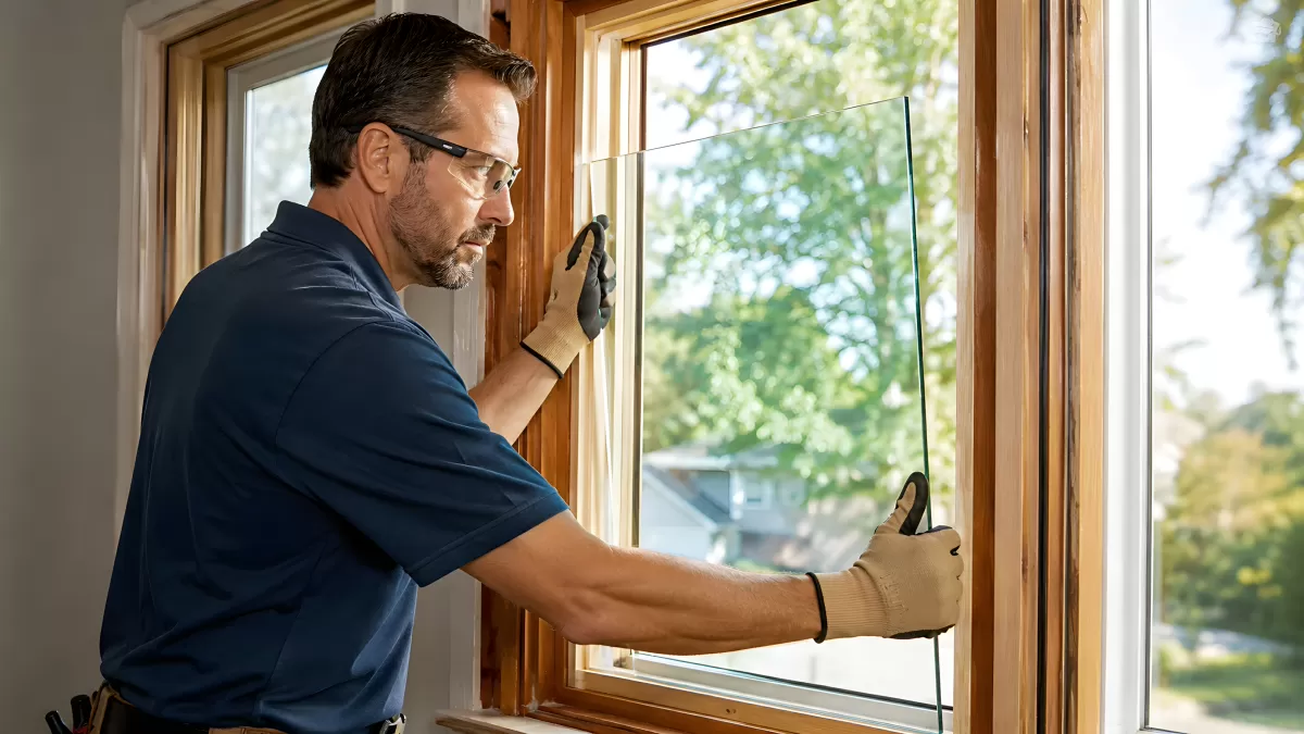 Handwerker installiert Glasscheibe in Holzfenster
