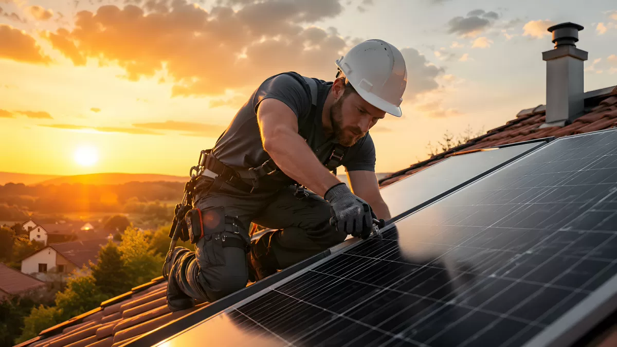 Handwerker installiert Solaranlage auf Ziegeldach bei Sonnenuntergang