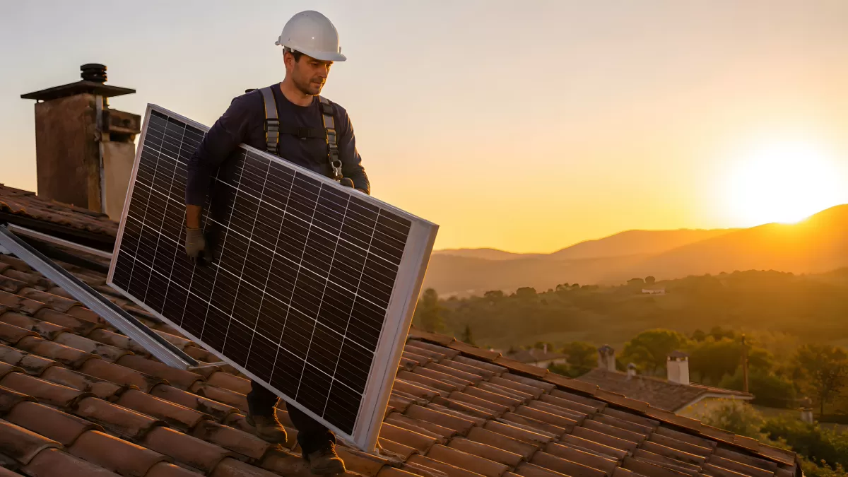 Handwerker installiert Solarmodul auf Ziegeldach bei Sonnenuntergang