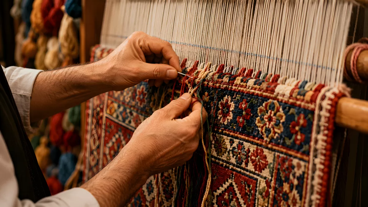 Handwerker knüpft traditionellen persischen Teppich