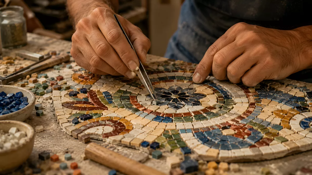 Handwerker legt farbiges Steinmosaik mit Pinzette