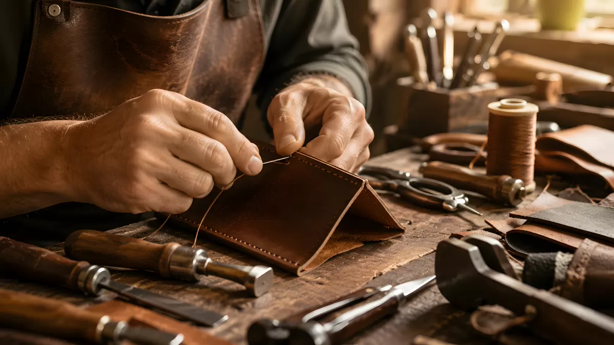 Handwerker näht ein Lederportemonnaie von Hand