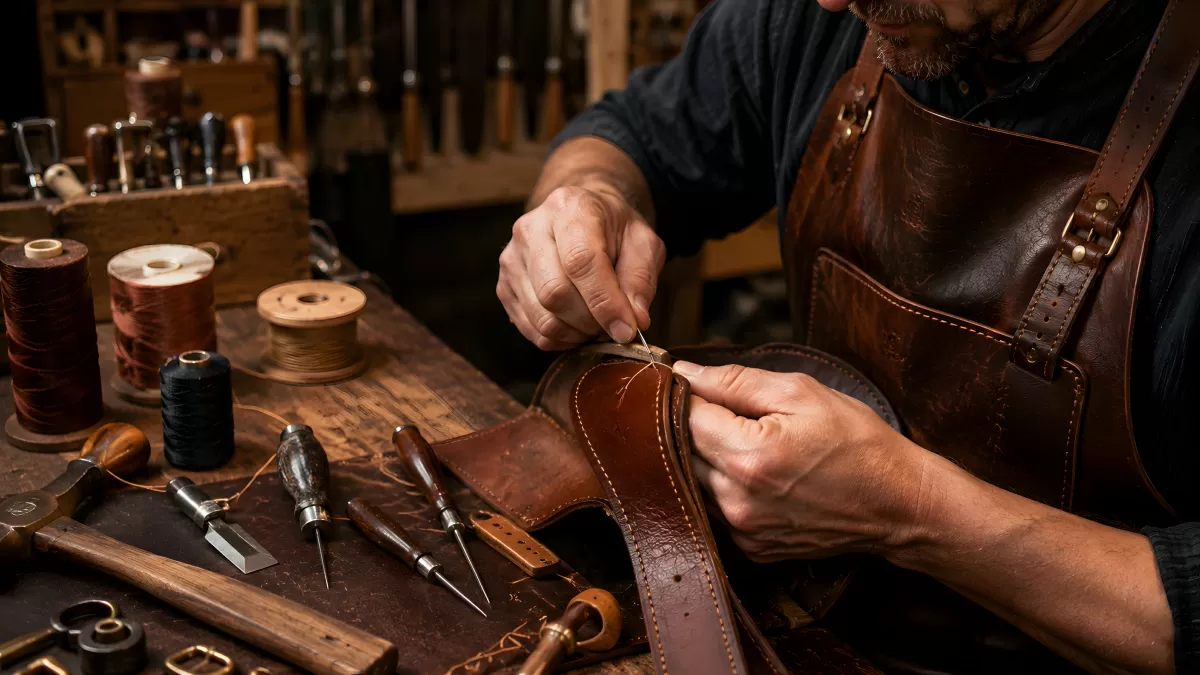 Handwerker näht Leder in traditioneller Werkstatt