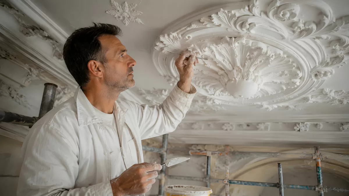 Handwerker restauriert barockes Stuckornament an Decke