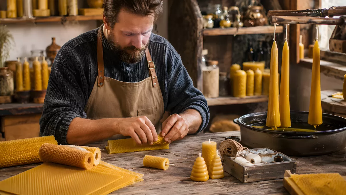 Handwerker rollt Bienenwachskerzen in rustikaler Werkstatt