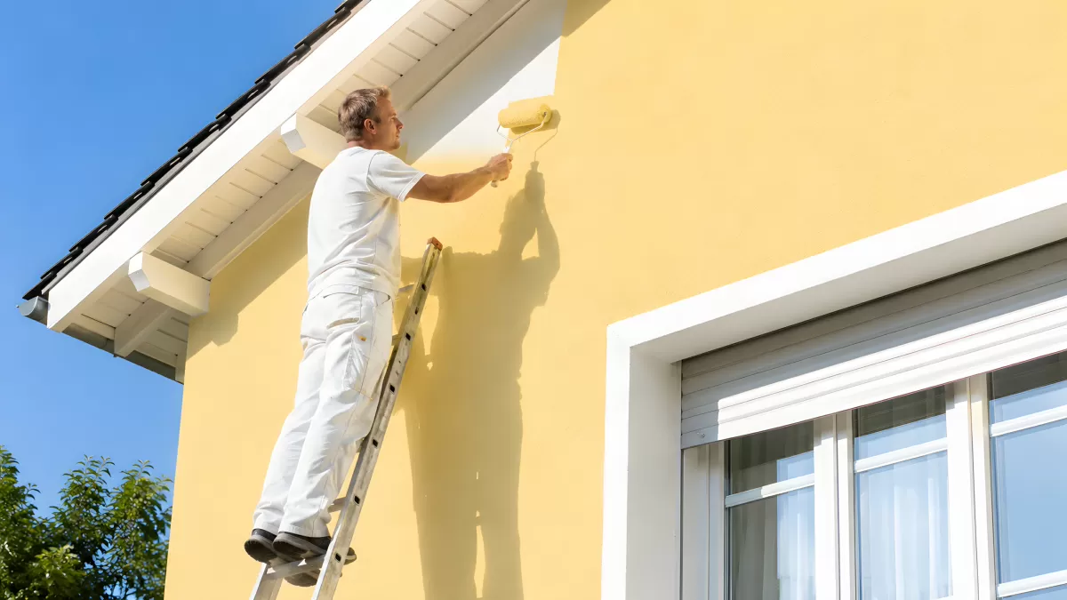 Handwerker streicht Hausfassade in Gelb von Leiter
