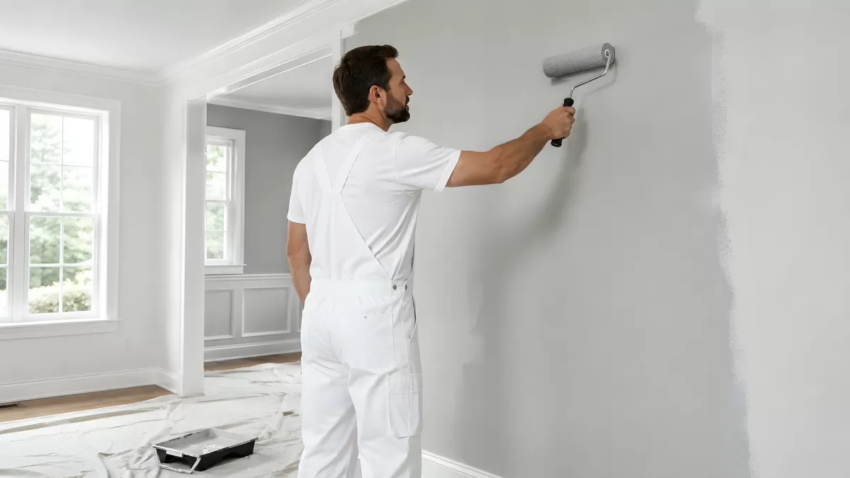 Handwerker streicht Wand mit Farbrolle in hellem Raum