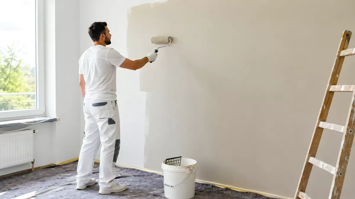 Handwerker streicht Wand mit Malerrolle in hellem Raum