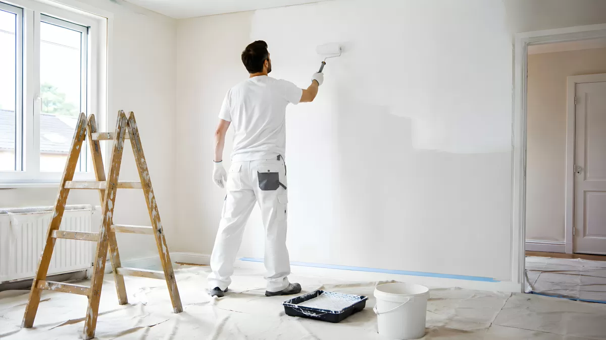 Handwerker streicht Wand mit Malerrolle in weißem Raum